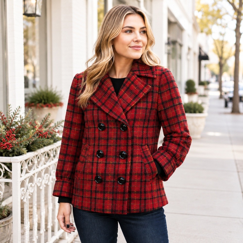 Hinge Womens XS Red Plaid 90% Wool Double Breasted Peacoat Jacket